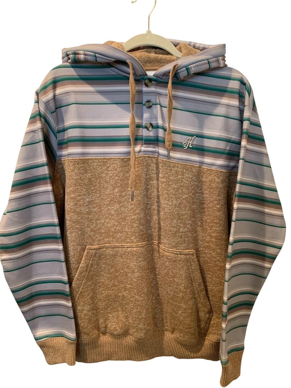 HOOEY Men’s Jimmy Tan and Green Striped Western Hoodie Sweater Sweatshirt Small